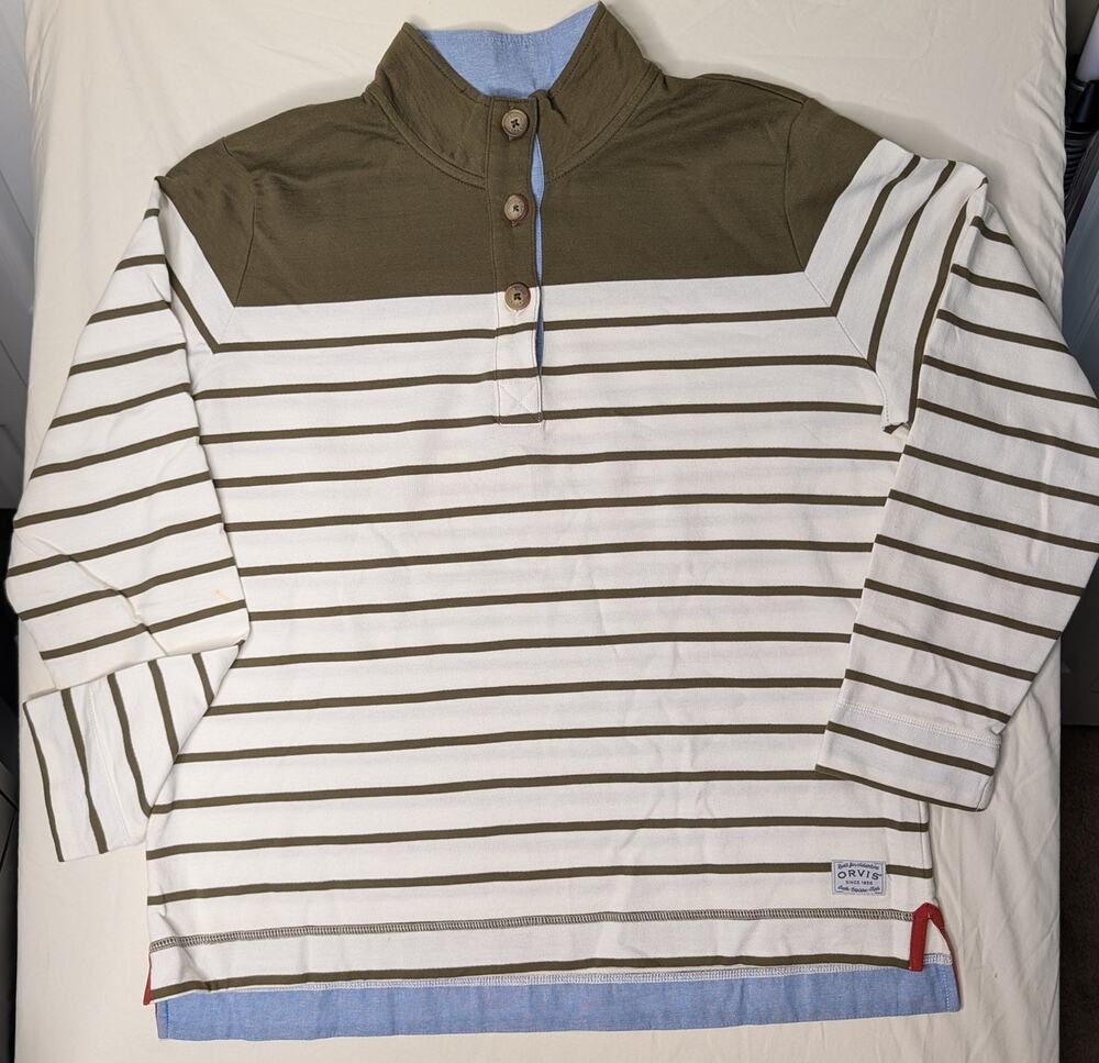 Orvis Striped 1/4 Button Shirt Men's L White Olive Green Outdoors Fishing Hiking